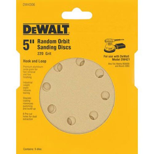 DEWALT DW4306 5-Inch 8 Hole 220 Grit Hook and Loop Random Orbit Sandpaper (5-Pack)