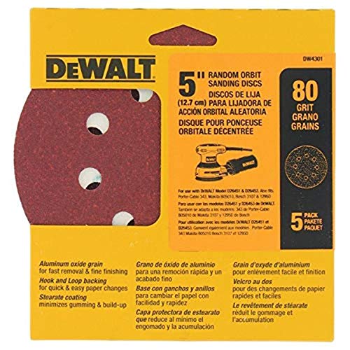 DEWALT DW4301 5-Inch 8 Hole 80 Grit Hook and Loop Random Orbit Sandpaper (5-Pack)