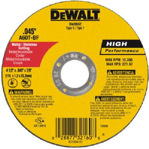 DeWalt 20 qty DW8062 4-1/2" x .045 x 7/8" Type 1 Metal Cut Off Wheel