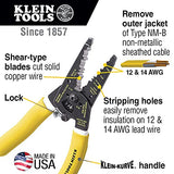 Klein Tools K1412 Wire Cutter / Wire Stripper, Dual NM Cable Stripper / Cutter Cuts Solid Copper Wire, Strips 12 and 14 AWG Solid Wire