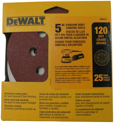 DEWALT DW4311 5-Inch 8 Hole 120 Grit Hook and Loop Random Orbit Sandpaper (25-Pack)