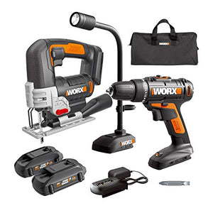WORX WX958L 20V Cordless Drill Driver WX101L, 20V 24mm Cordless Jigsaw WX543L and 20V Flexible LED Light WX028L Combo kit Battery and Charger Included