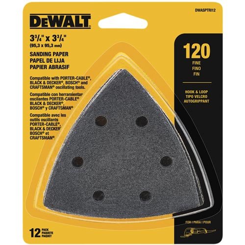 DEWALT DWASPTRI12 Hook and Loop Triangle 120 Grit Sandpaper, 12-Pack , Black